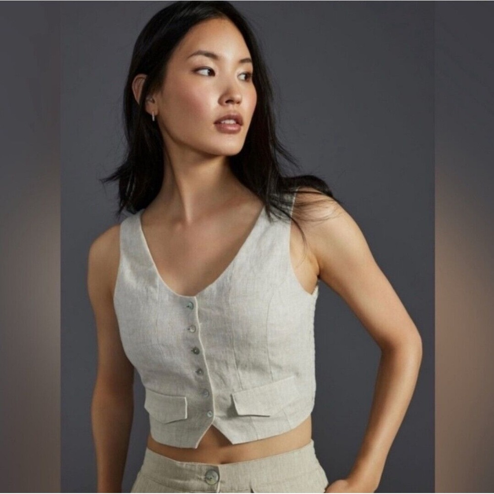 Sovere x Anthropologie Top Women's M Cropped Tan Linen Smocked Vest Coastal Boho